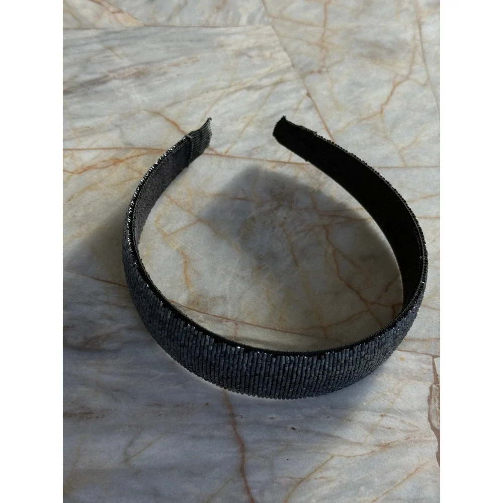 Gunmetal Beaded Headband Metallic Black Bugle Bead Hair Accessory Hand Beaded
